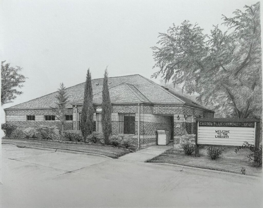 Pencil drawing of a brick library building with slender evergreen trees and a sign welcoming people to the library.