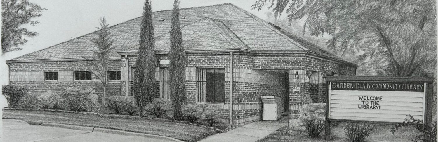 Pencil drawing of a brick library building with slender evergreen trees and a sign welcoming people to the library.