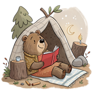 bear, nature, animal, reading, book, bear reading book, tent, night, moon, candle, tree, grass, cartoon, art, decoration, cozy, story, evening